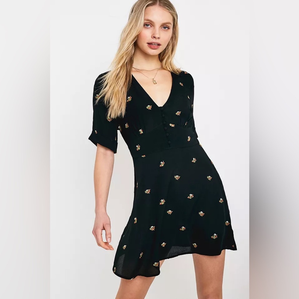 Urban Outfitters Black Floral Embroidery Mini Tea Dress